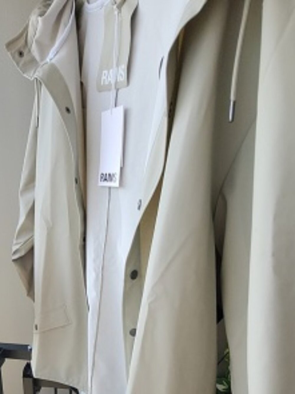 RAINS Jacket Unisex XL Cement Grey Drawstring Long Hooded Ventilated Waterproof
